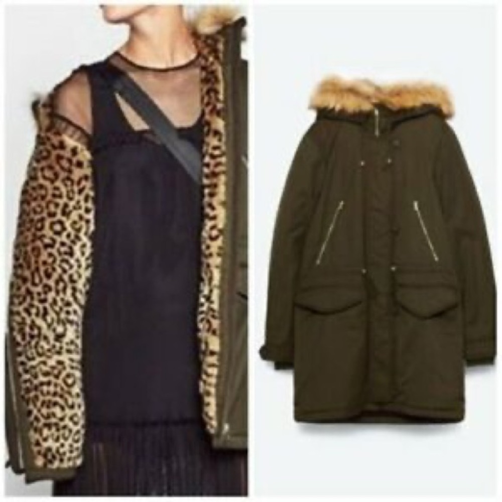 Zara Outerwear Collection Army Green Faux Fur Lined Parka